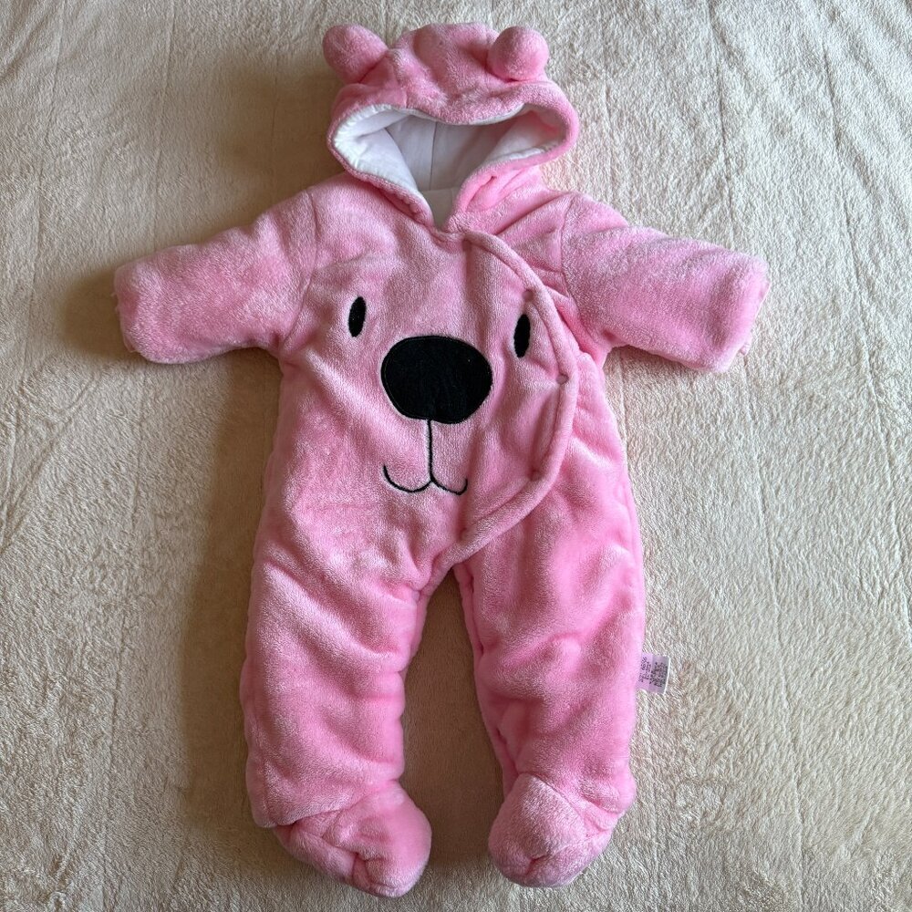 Baby Hooded Footie Romper Fleece Winter Jumpsuit Bear Design ~ Size 9 Months